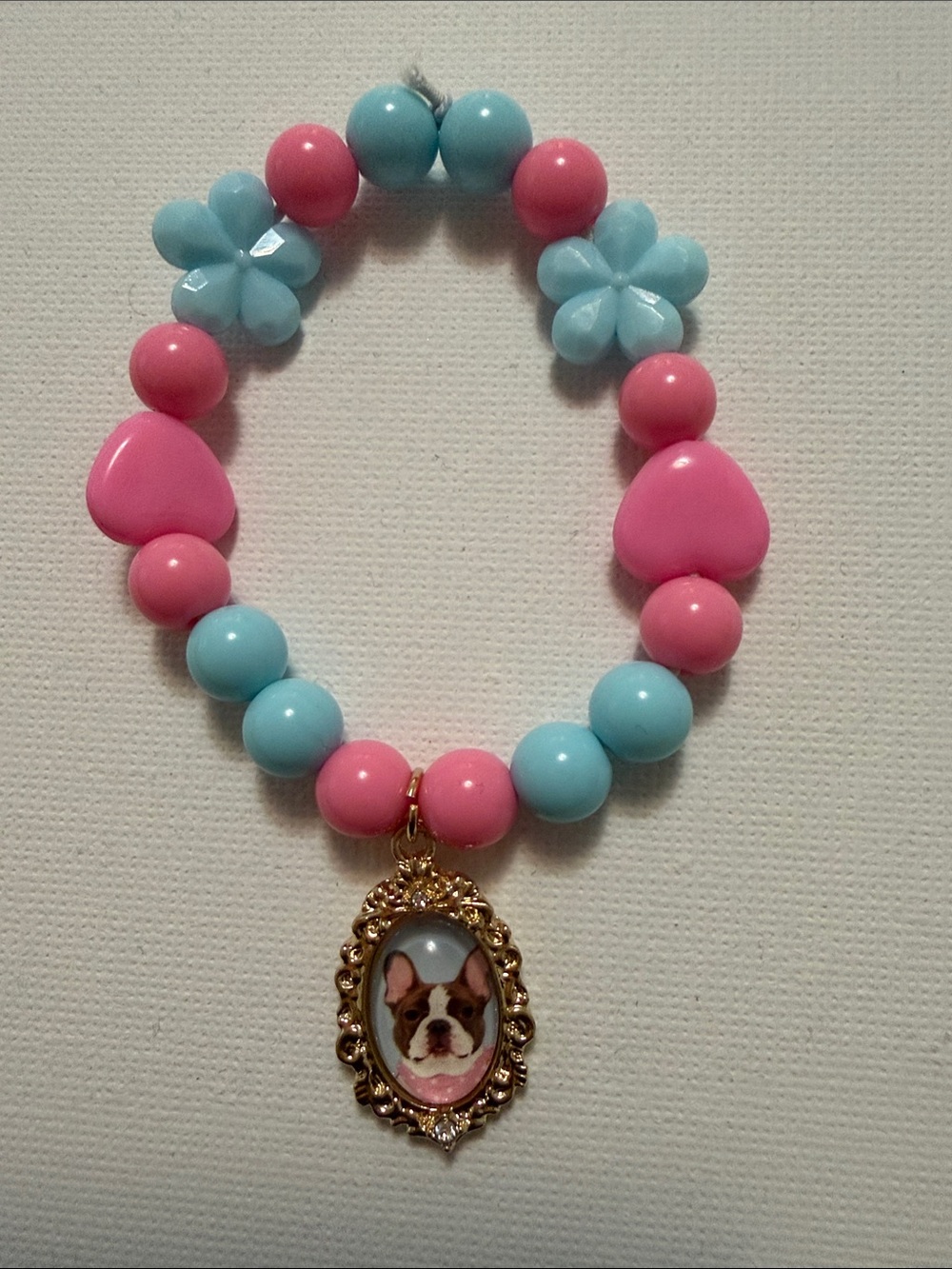 Pink and Blue Beaded Flower Bracelet with frenchie bull Dog Portrait Charm